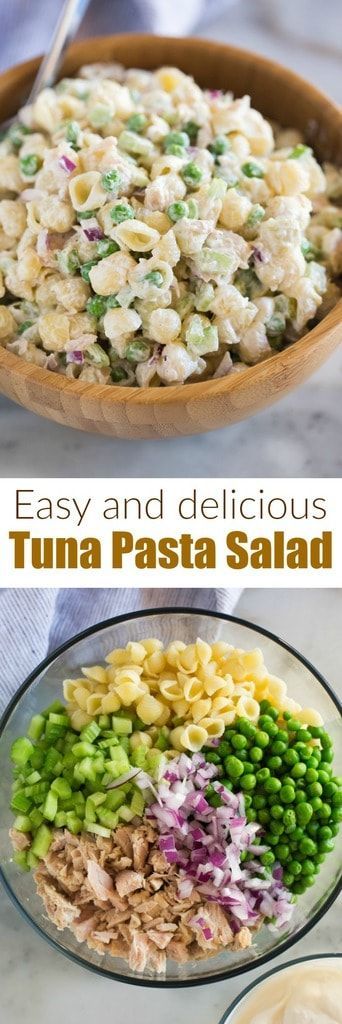 This Tuna Pasta Salad with shell noodles, peas, tuna, celery, and Greek yogurt is fast, healthy, and a dish your whole family can enjoy!