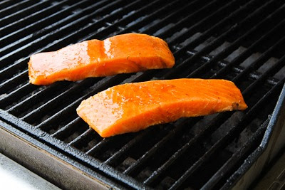Grilled Salmon with a glaze of sugar-free maple syrup, Sriracha, and lime juice.  [found on KalynsKitchen.com]