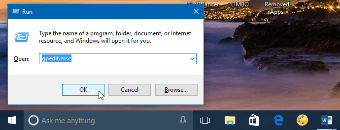 kotak dialog run cortana dimatikan