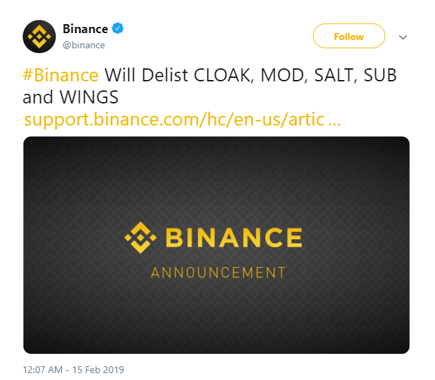 Binance delist announcement
