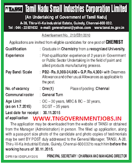 Applications are invited for Chemist Post Posts under direct recruitment process in Tamil Nadu Small Industries Corporation Ltd (TANSI)