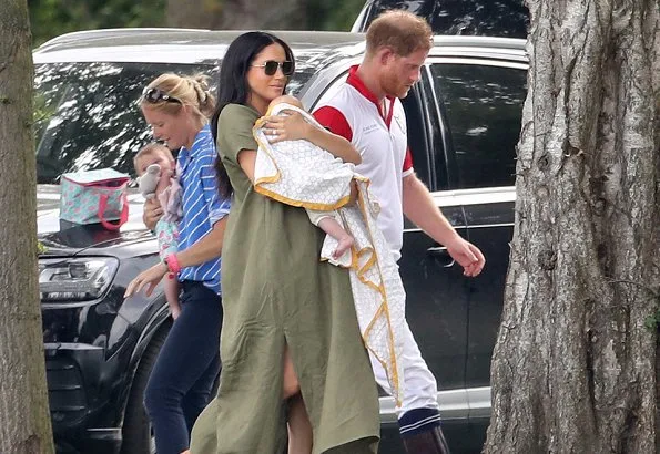 Kate Middleton in LK Bennett Madison dress, Castaner wedges. Prince George, Princess Charlotte. Meghan Markle