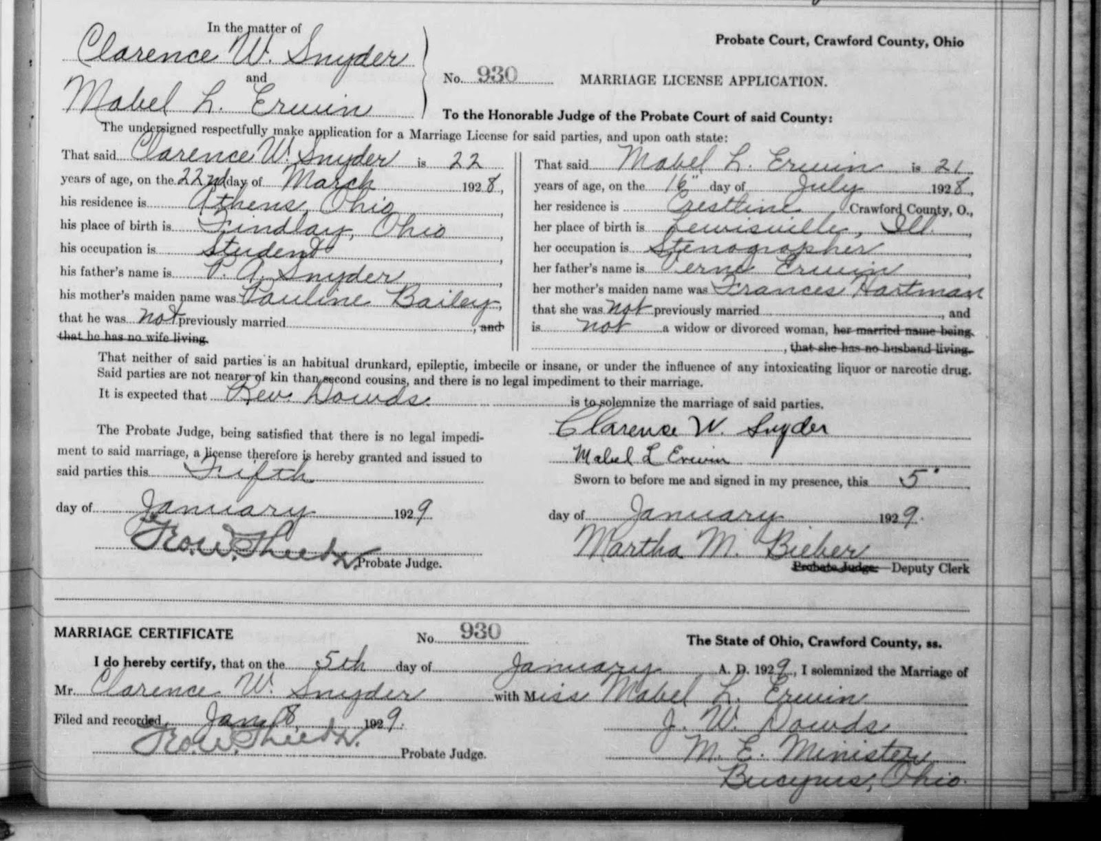 Climbing My Family Tree: Snyder-Erwin Marriage License Application and Certificate