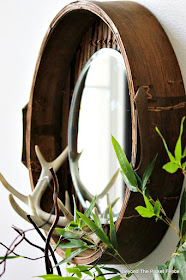 round  mirror, upcycled, repurposed basket, bamboo steamer basket, DIY, antlers, http://bec4-beyondthepicketfence.blogspot.com/2015/10/round-basket-mirror.html
