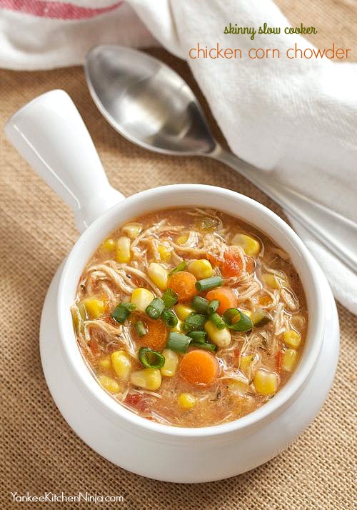 Slow cooker chicken corn chowder Yankee Kitchen Ninja