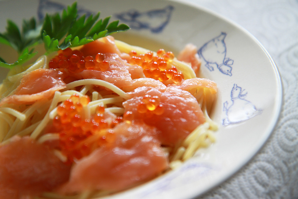 Salmon Caviar and Smoked Salmon on Pasta