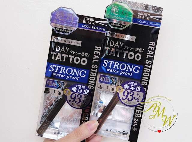 a photo of K-palette 1Day Tattoo Real Strong Water Proof Eyeliner review in Super Black and Brown Black .