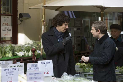 Benedict Cumberbatch and Martin Freeman as Sherlock Holmes and John Watson in BBC Sherlock Season 1 Episode 2 The Blind Banker