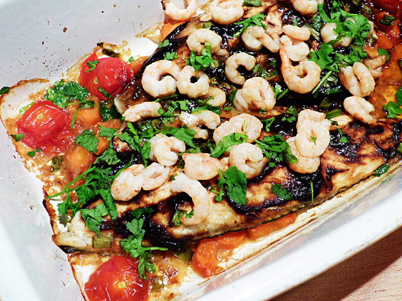 Chez Maximka Sea bass with prawns and black garlic ketchup