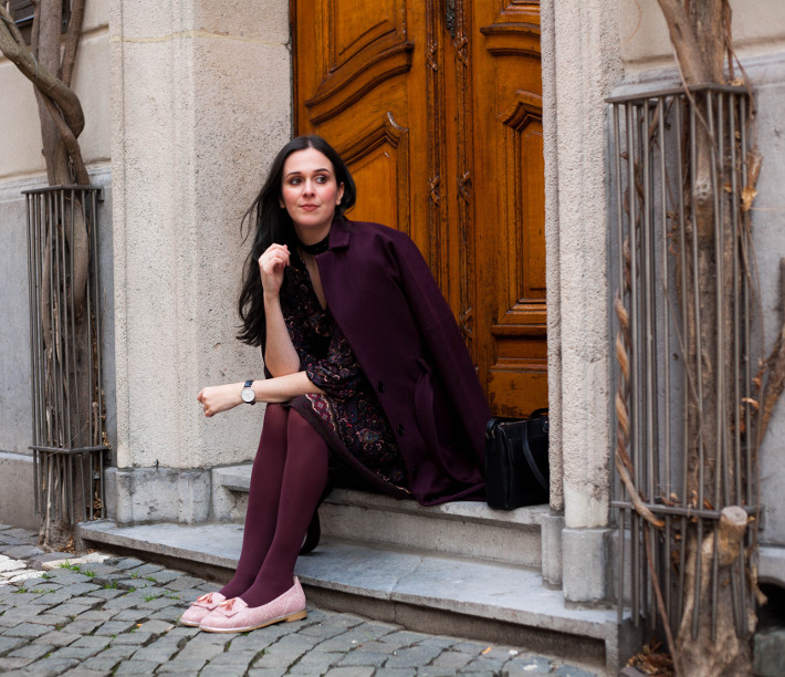 Outfit: eggplant all over with pink loafers