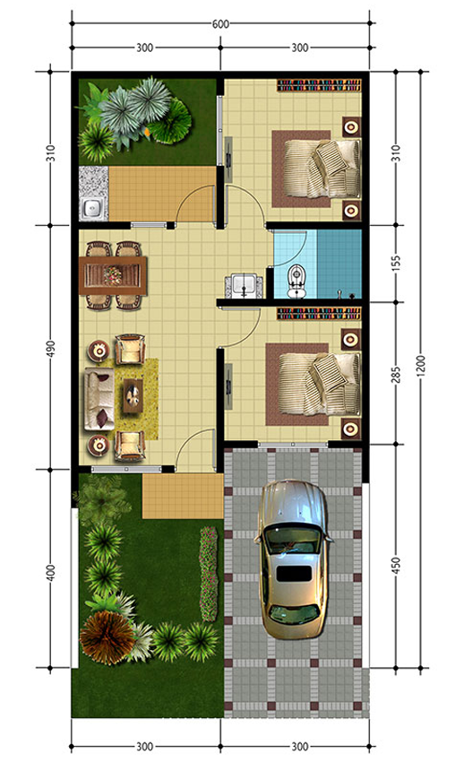 Lingkar Warna 7 Denah Rumah Minimalis Ukuran 6x12 Meter 2 Kamar Tidur 1 Lantai Tampak Depan