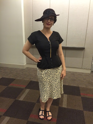 Gail Carriger Retro 1940s Black Velvet Top and Polkadotted Skirt and Tilted Hat