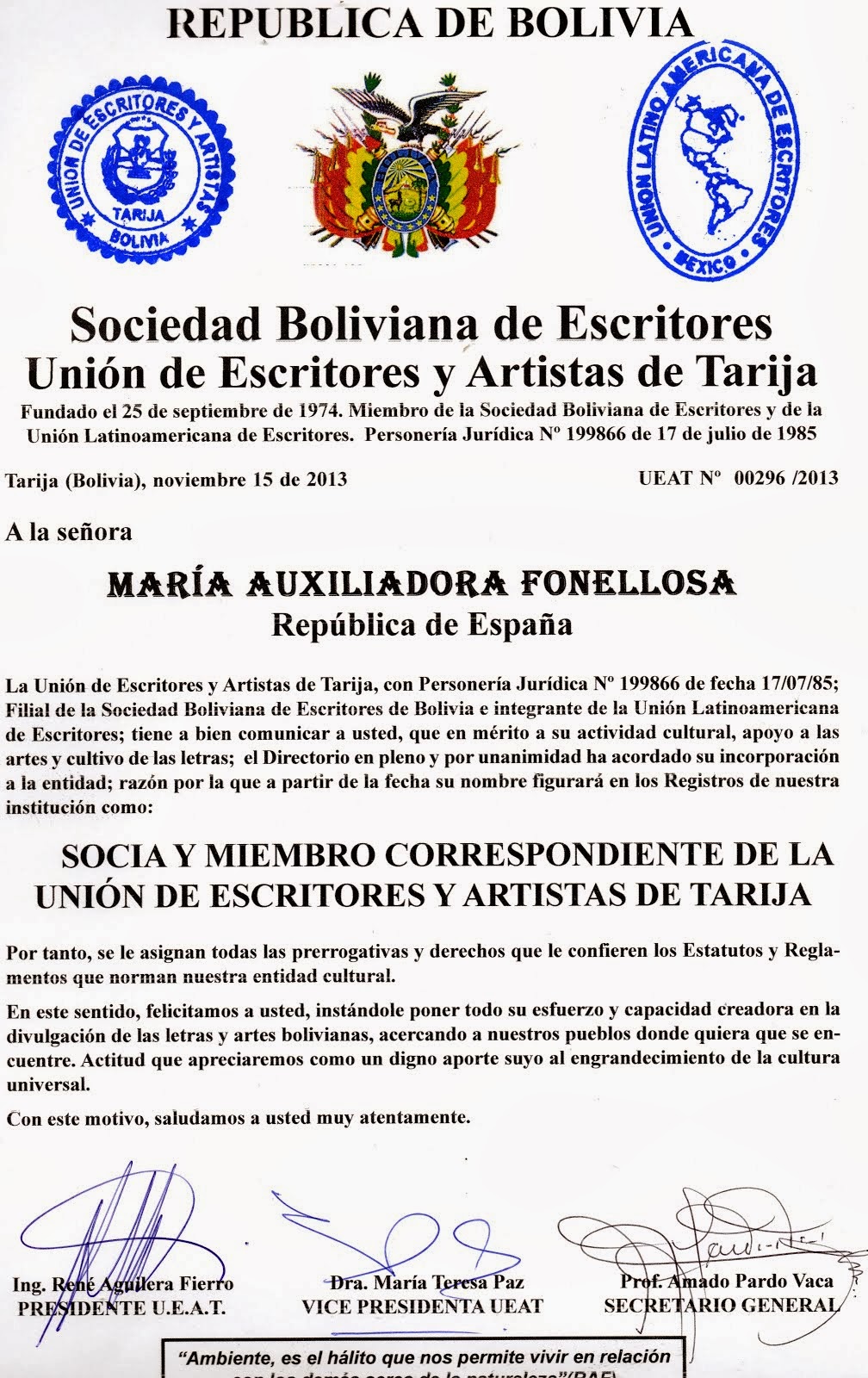 SOCIA DE LA UNIÓN DE ESCRITORES DE TARIJA (BOLIVIA)
