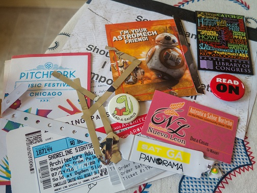 Museum tickets from Chicago and Library of Congress banned books fridge magnet