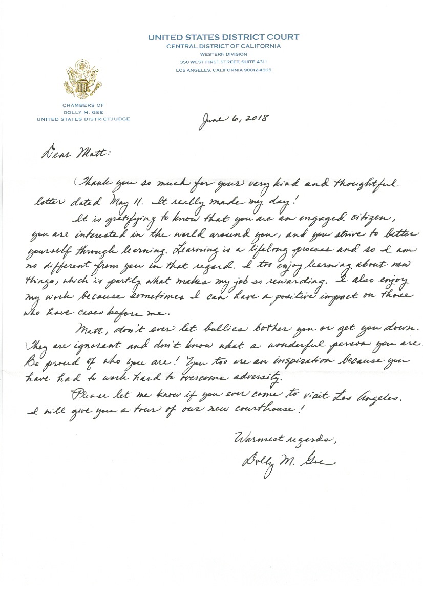 Mattsletters U.S. District Judge Dolly Gee for the U.S. District Court