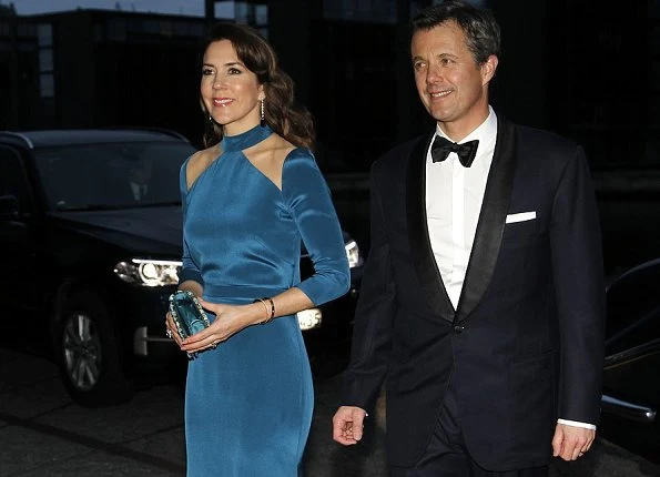 Queen Mathilde, Crown Princess mary, Princess Marie, Princess Elisabeth, Prince Joachim and Prince Frederik attend a dinner at the Black Diamond.Queen wore Armani red gown, Princess wore blue dress and red dress