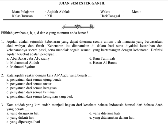 Soal Ulangan Akidah Akhlak Kelas 11 Semester 2 Kunci Dunia