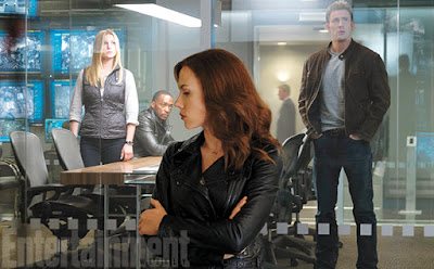 Scarlett Johansson, Chris Evans and Anthony Mackie in a Captain America Civil War image from Entertainment Weekly