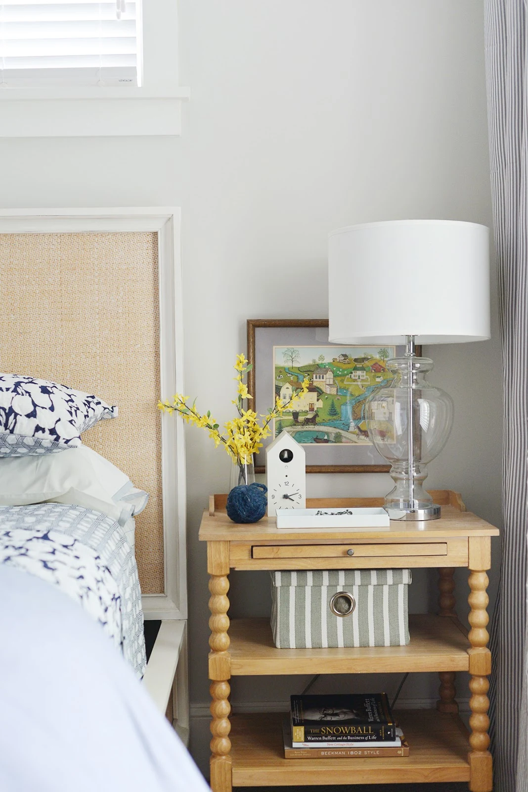 cottage bedroom, spool nightstand, modern country bedroom, serena & lily quilt