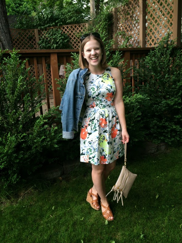 Dressing for a Wedding | Something Good, gap dress, floral dress, tan wedges, jean jacket, american eagle outfitters jacket, raybans