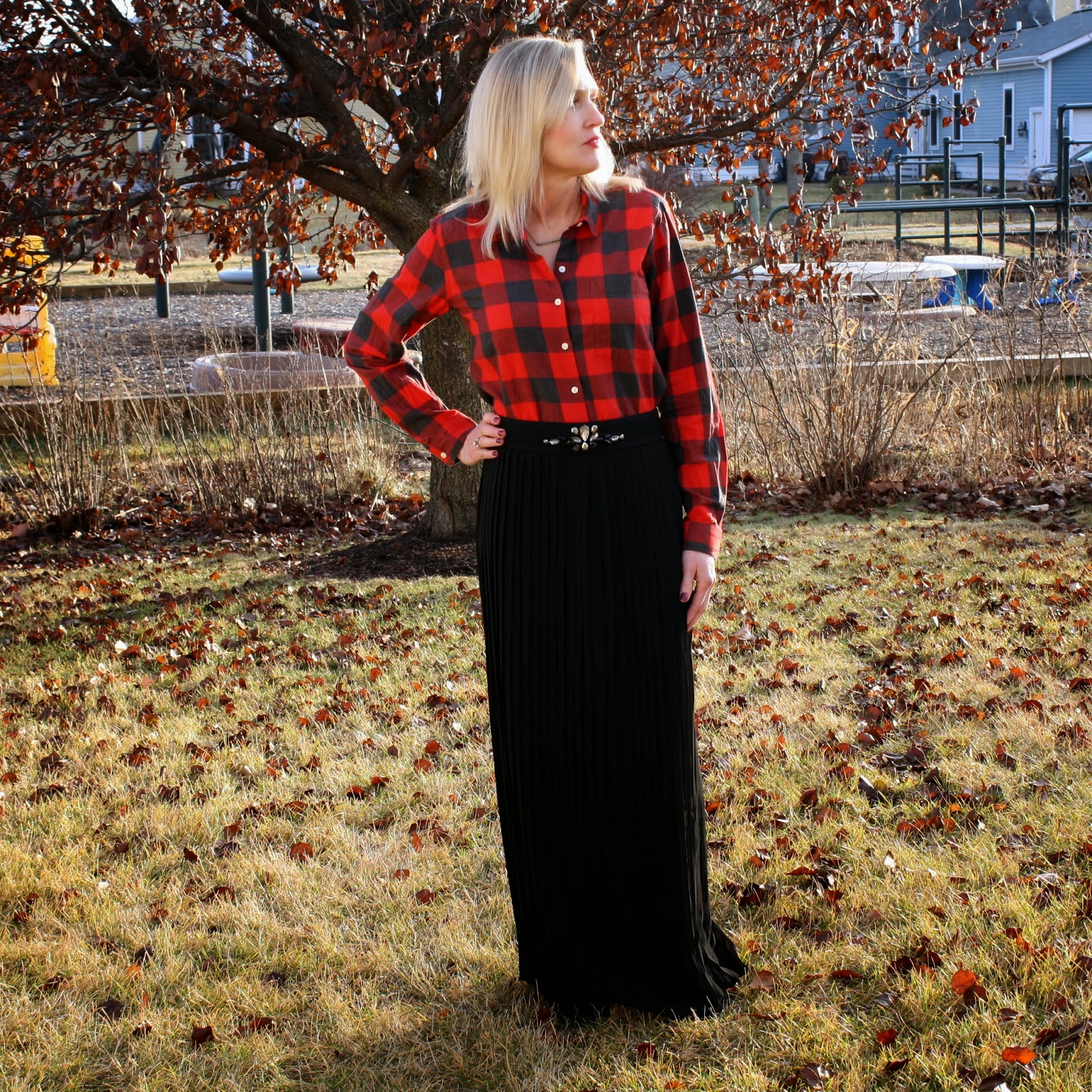 Buffalo Plaid Shirt and Pleated Maxi Skirt - Doused in Pink