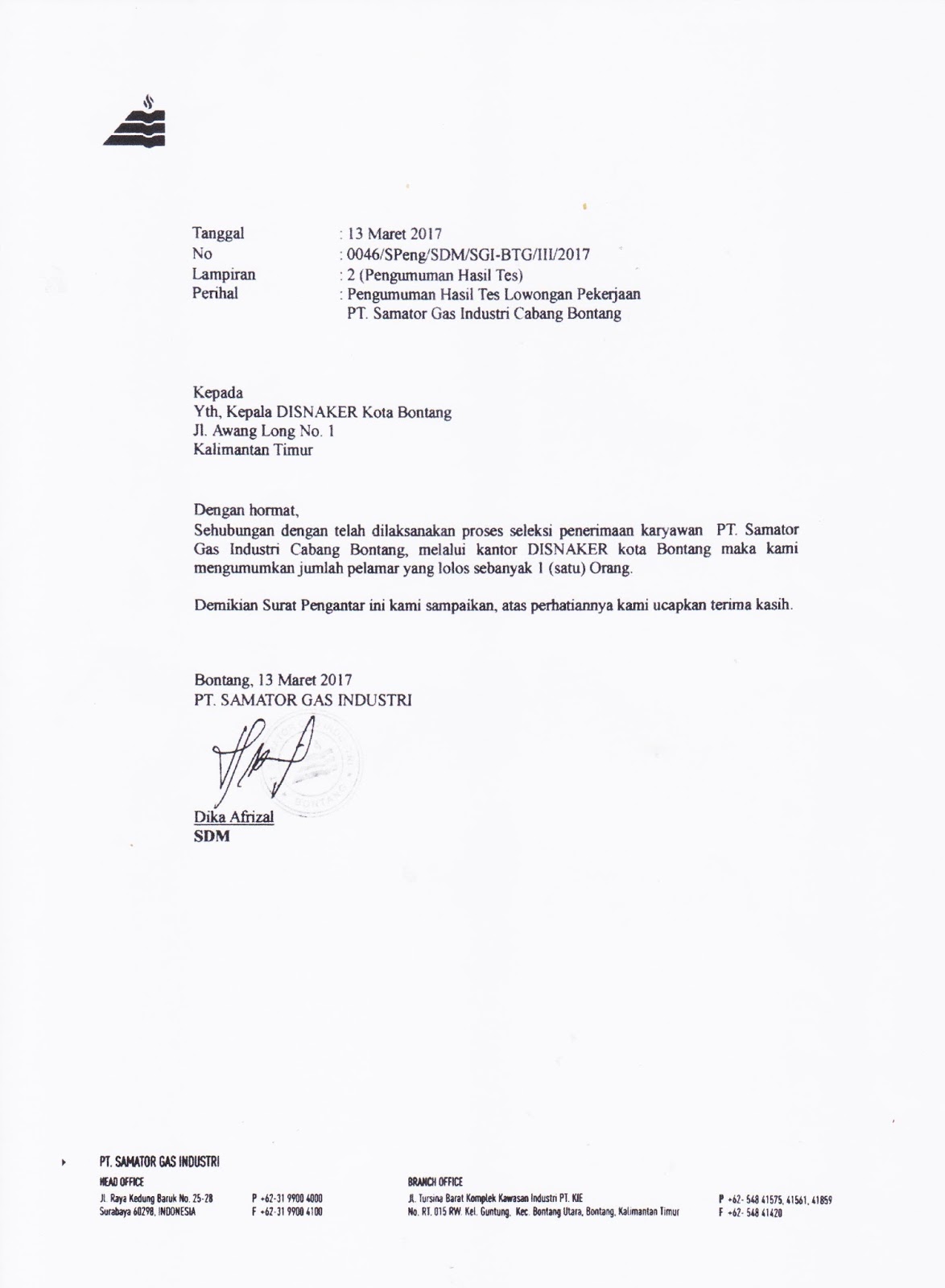 Hasil Seleksi Pt Samator Gas Industri Lowongan Kerja Indonesia Terbaru 2017