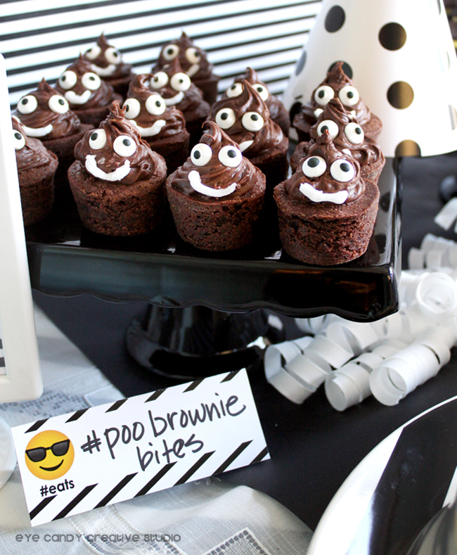 poo emoji brownie bites, black & white party, teen birthday party ideas