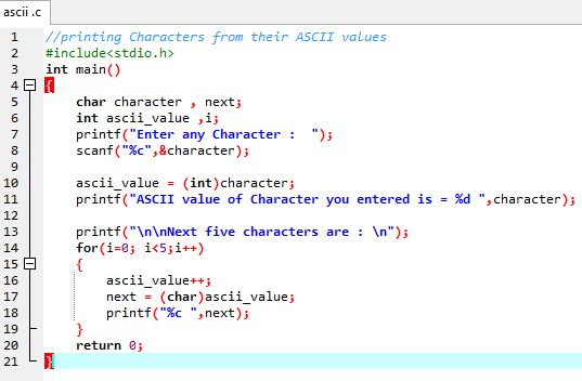 Information: C Code for Printing Characters from their ASCII values