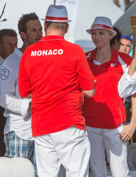 Prince Albert and Princess Charlene attended the 'Monaco Petanque Masters 2013' in front of the Monaco Palace  in Monte-Carlo