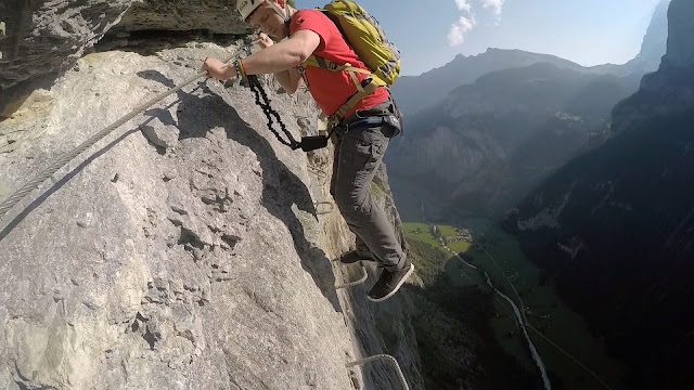 Via Ferrata 2000ft above Lauterbrunnen Valley, Swiss Alps! 17 Via Ferrata, Klettersteig, Hike, Climbing, Scrambling, mountaineer, mountain, extreme, adrenaline, adventure, Explore, Murren, Gimmelwald, Lauterbrunnen, Interlaken, Switzerland, Bern, Swiss Alps, Bernese Alps, Alpine, hanging, Nepalese Bridge, tyrolean, cliff, BASE, ladders,
