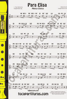 Partitura con notas musicales fácil de Para Elisa para Flauta dulce, de pico, traversera, violín oboe o cualquier instrumento en do. Notas en letra para responder a un comentario