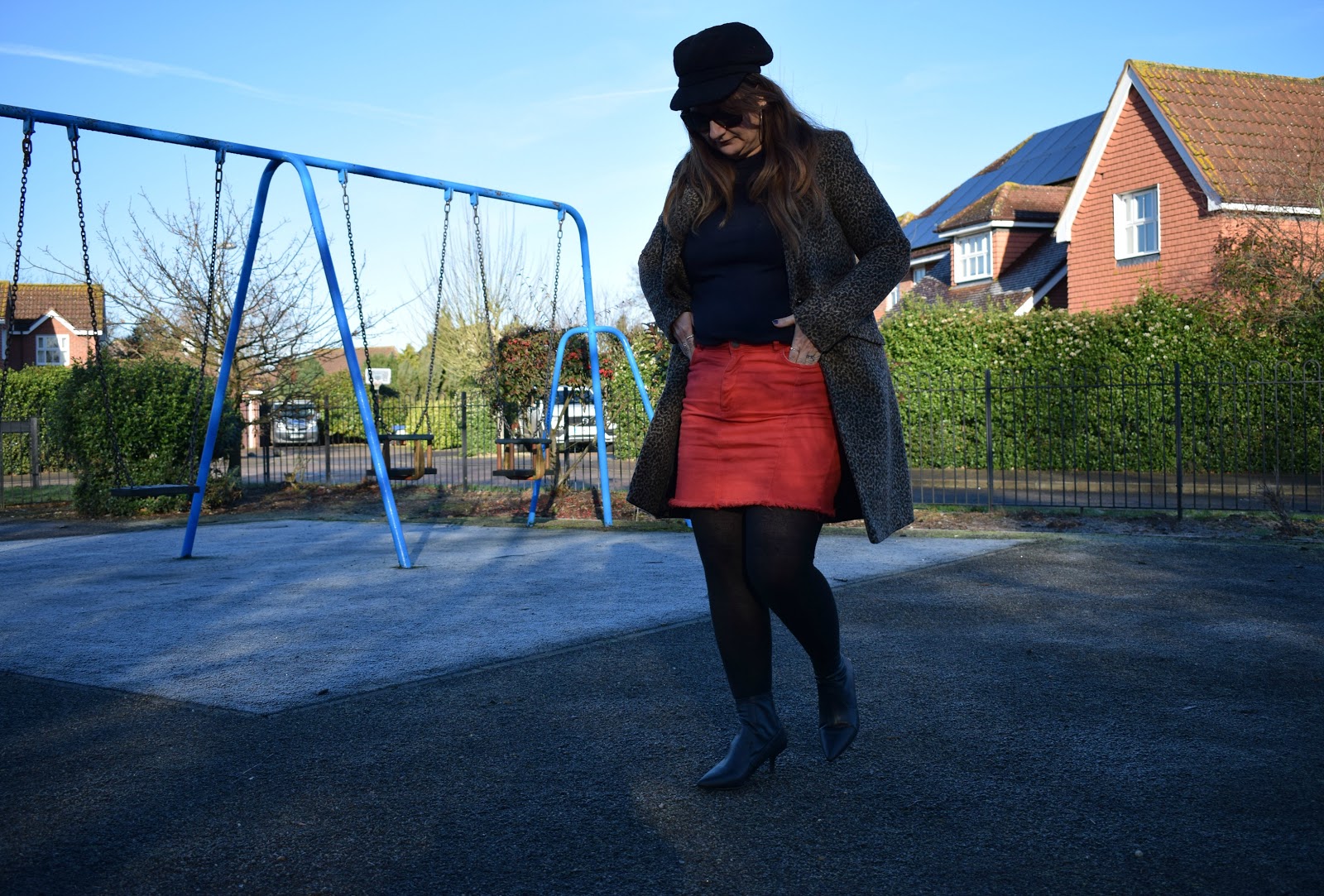 styling a red denim skirt