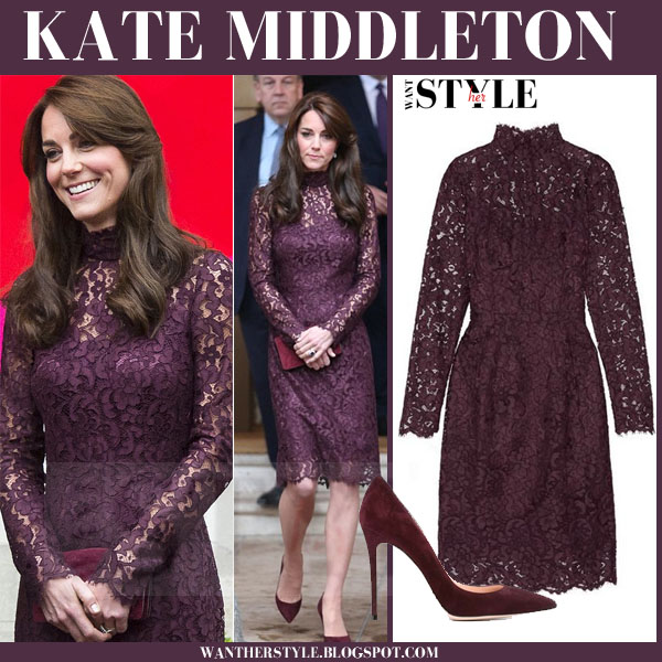 Kate Middleton in purple lace dress and burgundy suede pumps in London ...