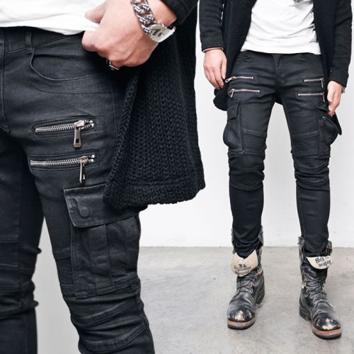 Mens Coated Black Double Zip Slim Cargo-Jeans 265 by GUYLOOK | Fast ...