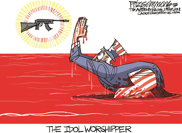 Title:  The Idol Worshiper.  Image:  Uncle Sam kneeling in pool of blood worshiping a gun.