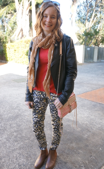 Sass and Bide Printed skinny jeans tan ankle boots skull scarf red jumper leather jacket