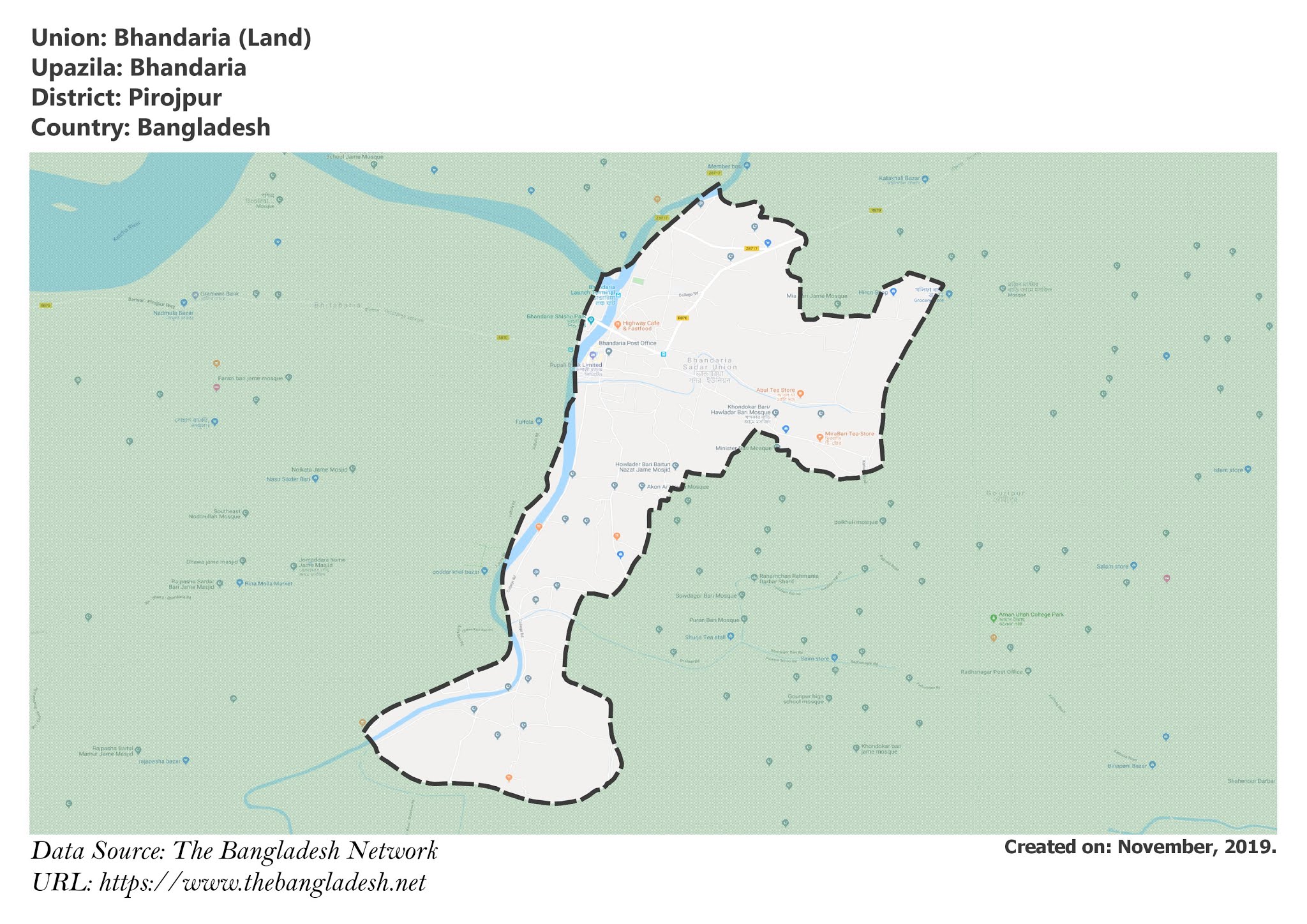 Map of Bhandaria of Pirojpur, Bangladesh.