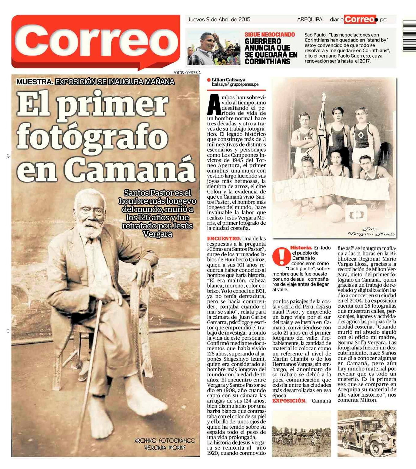 Diario Correo, 09 de abril 2015. Contraportada