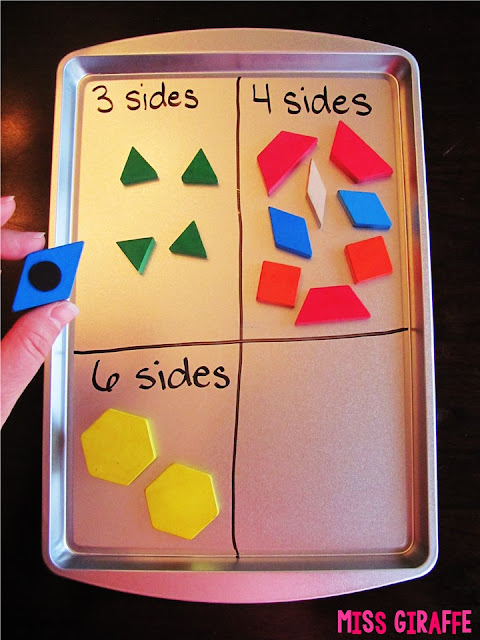 Tons of math teaching ideas like adding magnets to the backs of pattern blocks to create sorts on a magnet cookie sheet.