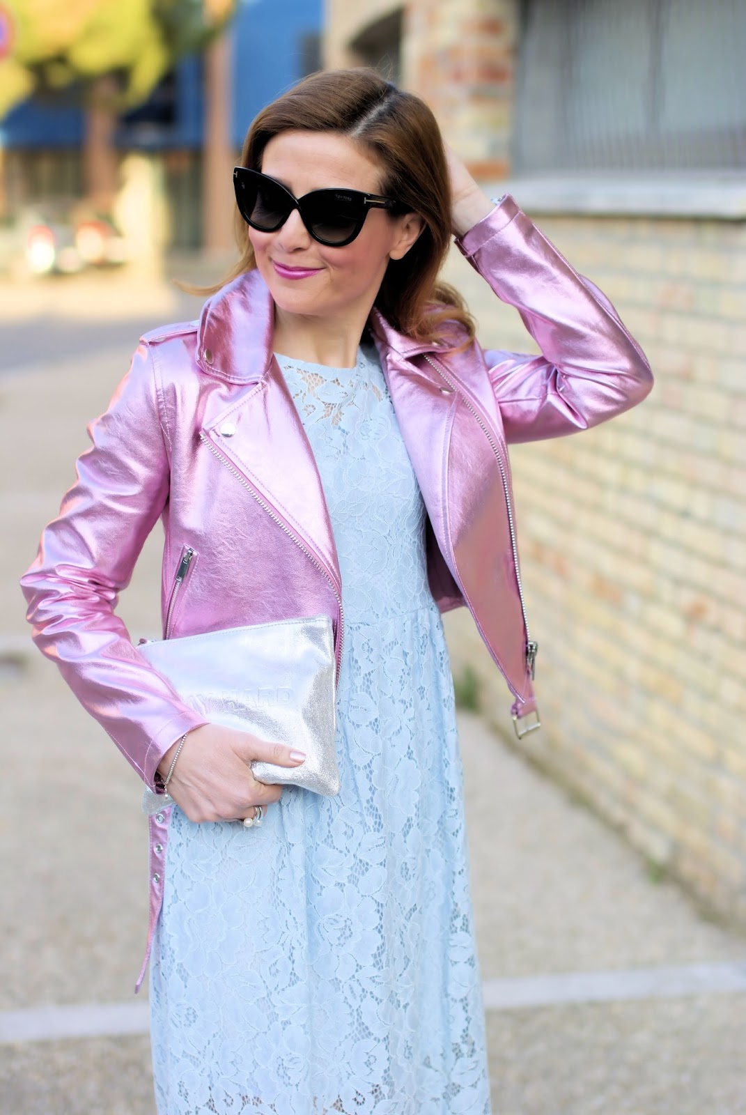 Lace dress and metallic pink motorbike jacket, SmartBuyGlasses Tom Ford sunglasses on Fashion and Cookies fashion blog, fashion blogger style