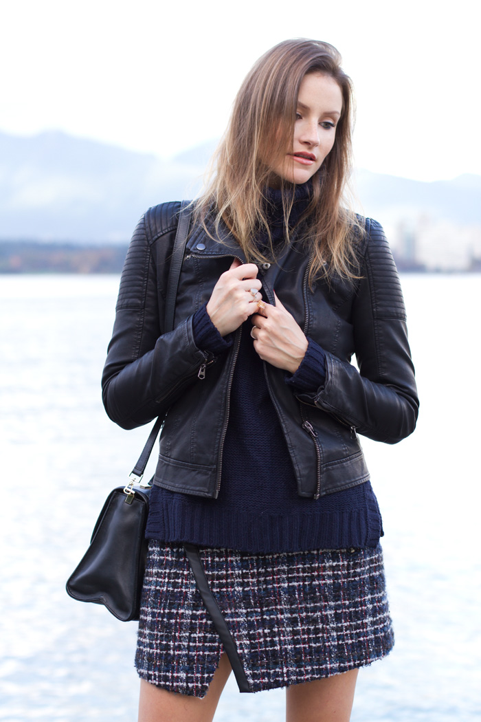 Vancouver Style Blogger, Alison Hutchinson, is wearing a plaid Zara Skirt, Topshop black leather jacket, Sam Edelman buckle boots, and a Kate Spade Black Bag