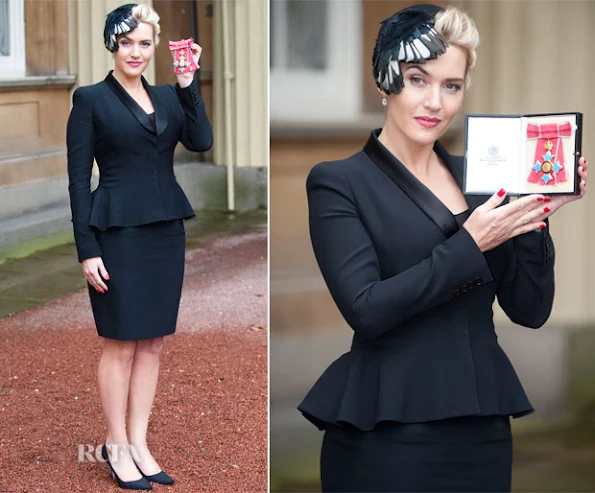 Kate Winslet awarded CBE by The Queen at Buckingham Palace. Kate Winslet in Alexander McQueen at Investiture Ceremony