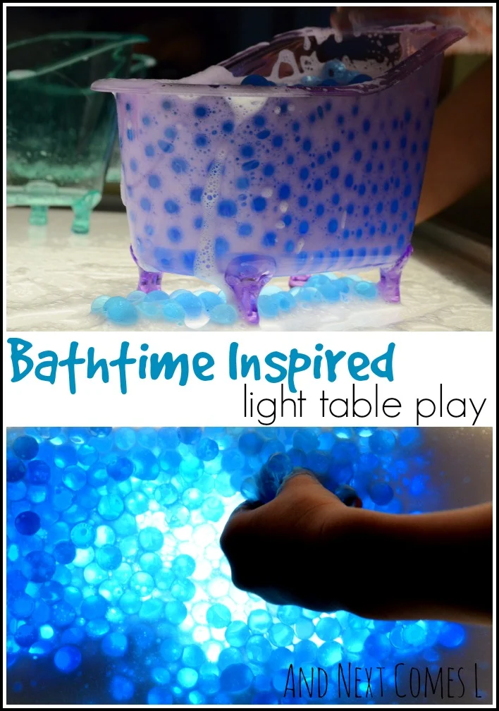 Bathtime inspired messy light table play with water beads from And Next Comes L