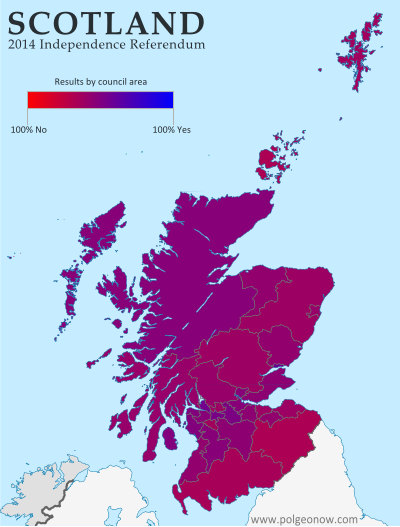 Map of results in Scotland's September 18, 2014 independence referendum. Voters were polled on whether or not to separate from the UK. Map shows relative proportion of yes and no votes for each of Scotland's council areas, using a gradient rather than contrasting colors for small differences.
