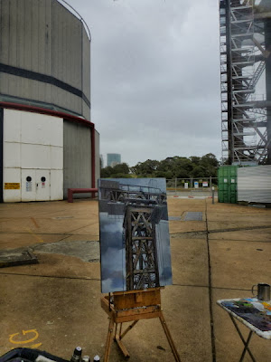 plein air oil painting of the Hammerhead Crane from Garden Island by artist Jane Bennett