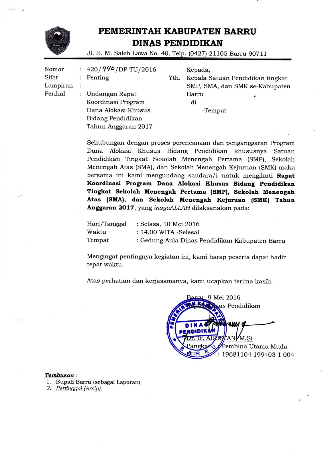 Undangan Rapat Koordinasi Program Dana Alokasi Khusus Bidang