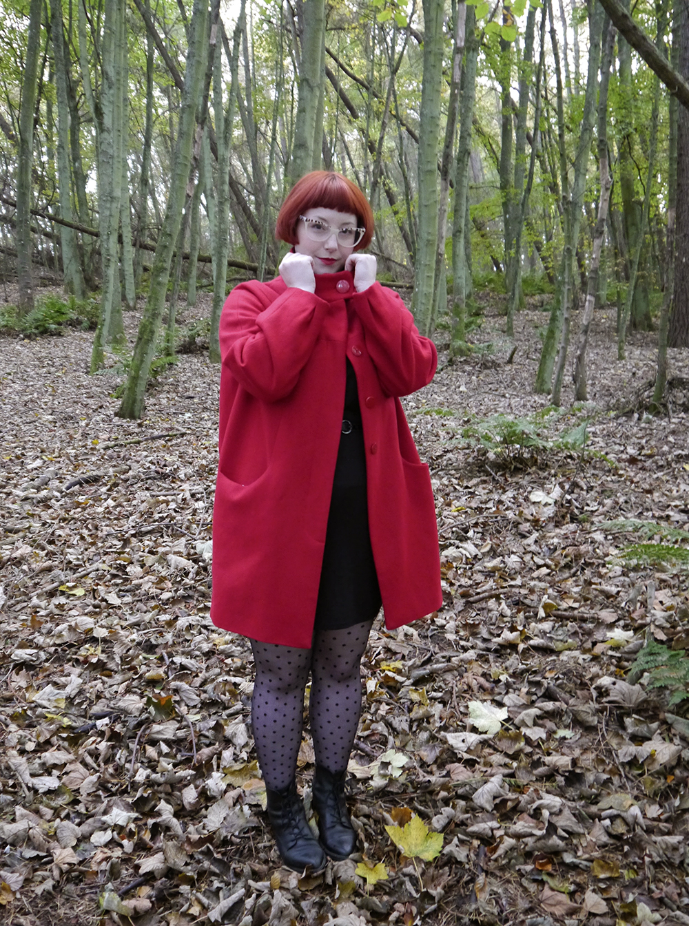 Red Coat for Autumn Styled by Helen, Wardrobe Conversations, Scottish blogger, Dundee blogger, red head, ginger bob, red hair, Spex Pistols glasses, horror jewellery, Halloween jewellery, Sugar & Vice, red coat, winter coat, polka dot outfit, monochrome outfit, winter outfit, autumn style, Ted & Muffy boats, charity shop style, Hayley Scanlan tshirt dress, name necklace, personalised jewellery, Charleton farm