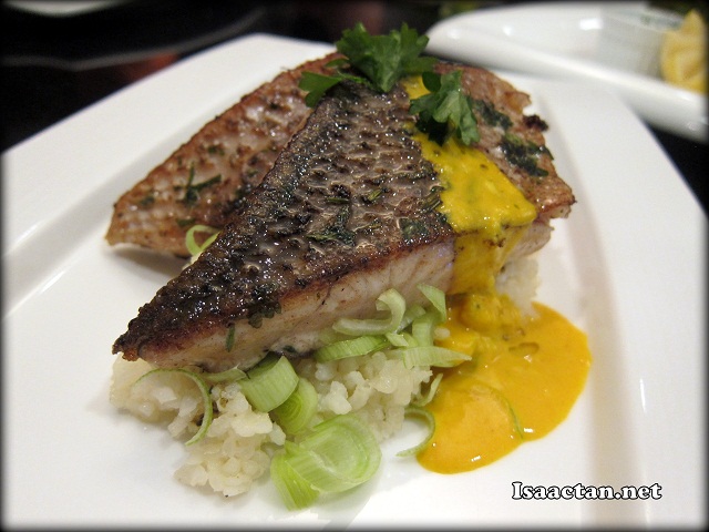Barramundi Fish Fillet on Risotto and Slow roasted vegetables
