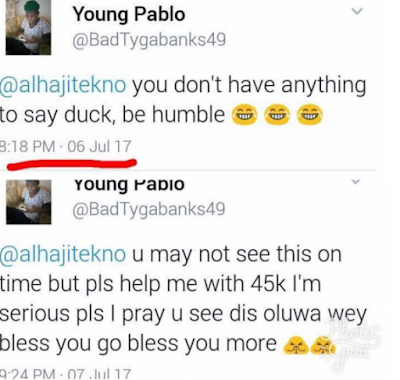 b Ubi Franklin shares tweets of a lady who asked Tekno for financial assistance a day after insulting him on twitter