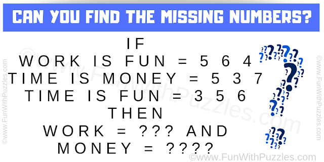 IF Work is Fun = 5 6 4, Time is Money = 5 3 7, Time is Fun = 3 5 6, THEN Work = ??? and Money = ????